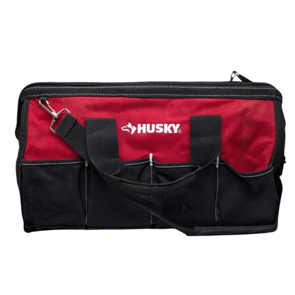 Husky Zippered Tool Bag Red Black 18 in Wide Mouth Canvas with Shoulder Strap - Picture 1 of 15